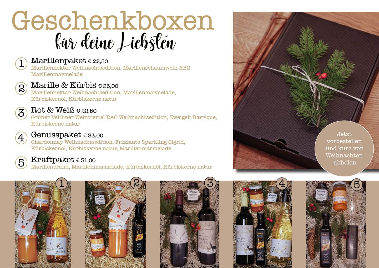 Geschenkboxen Genuss - Wein, Marille, Kürbis